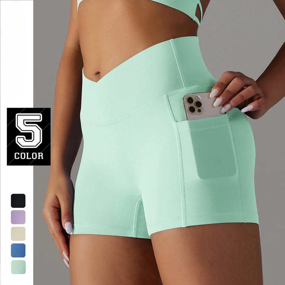 Boody Scruch Bum Shorts Solid broskyne boky jogové nohavice s vreckami Ženy Fitness bežecko
