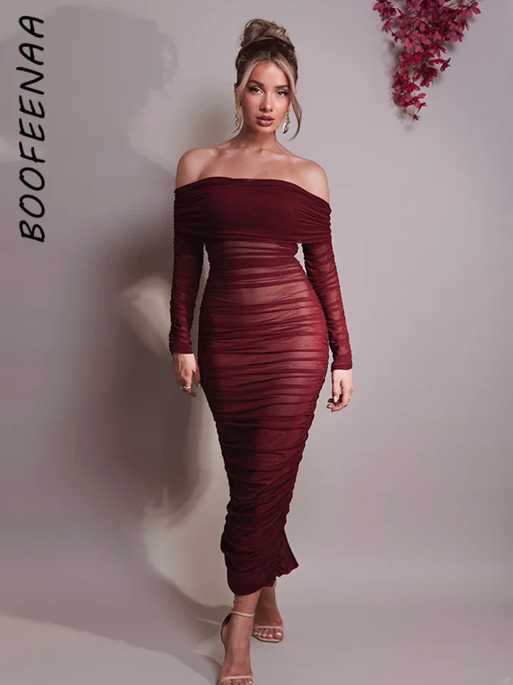 Boofeenaa mimo ramena, bez spätného styku s dlhými šatami sexy elegantné sieťové večere šaty Dámske oblečenie C92-EA53