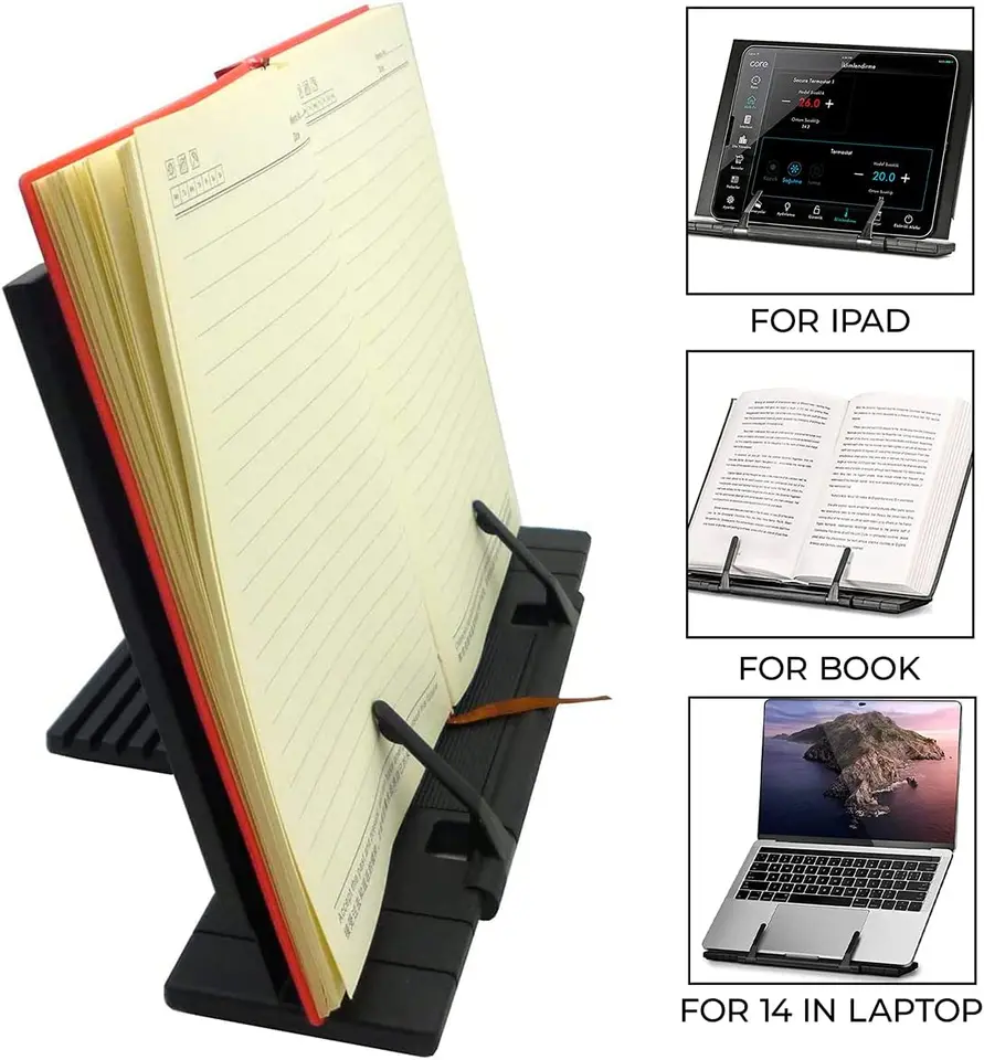 Book stojan, nastaviteľná skladacia kniha Držiteľ kníh s papierovým klipom, čítanie kníhkupectva na odpočinok, učebnice Cookbook Recept Book Stand