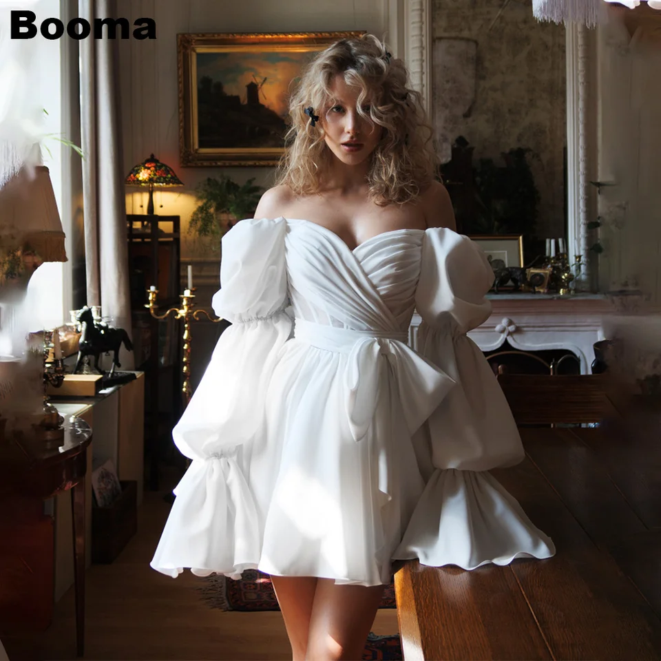 Booma A-line krátke svadobné šaty z ramien Pleats Nevesty Party pre ženy pre ženy