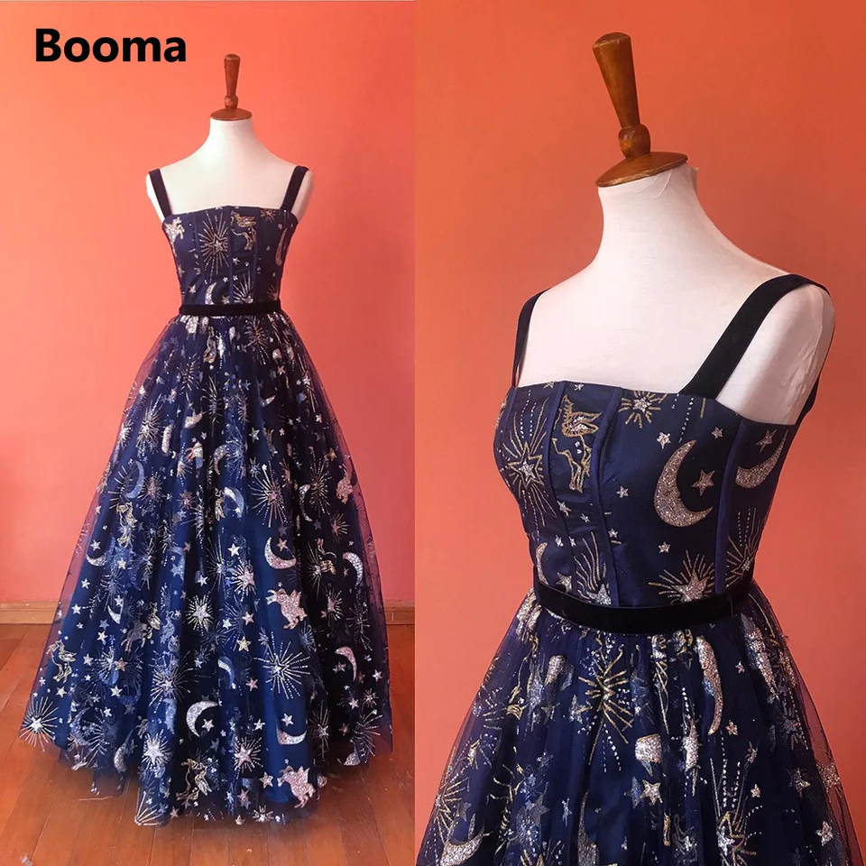 Booma Glitter Navy Blue Constellation Tull Maxi Prom šaty špagety popruhy