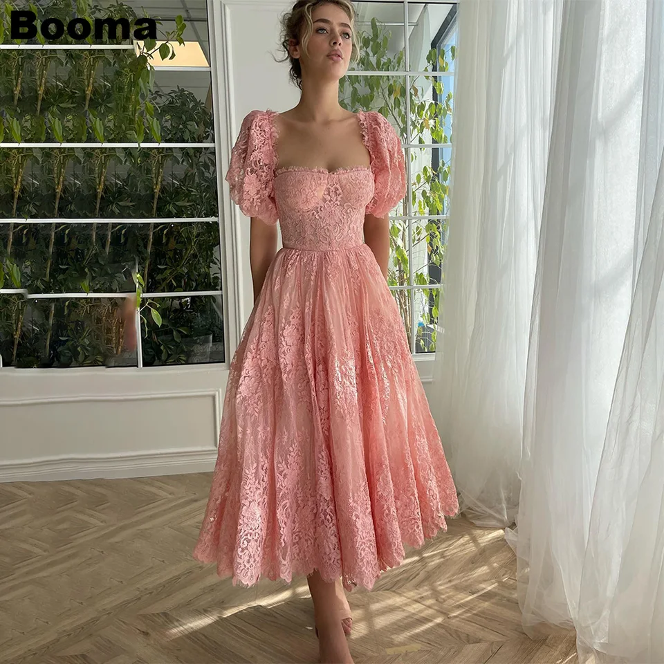 Booma Pink Elegantné midi ples šaty, miláčik krátke rukávy čipky Dámske večerné šaty formálne domáce šaty Abendkleider