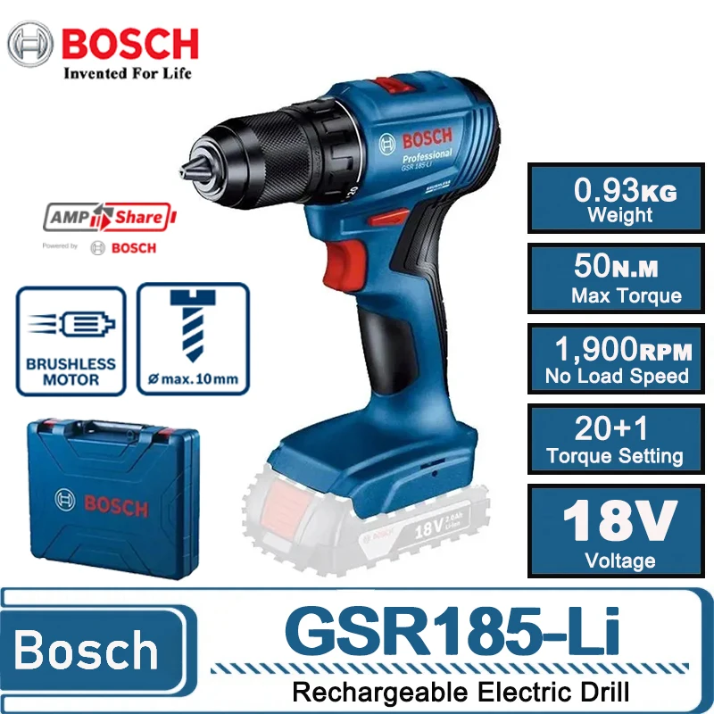 Bosch GSR 185-Li bezdrôtový skrutkovač vŕtačky pre kovovú drevnú stenu 18V Profesionálny kefový motorový motorový nástroj GSR185-LI