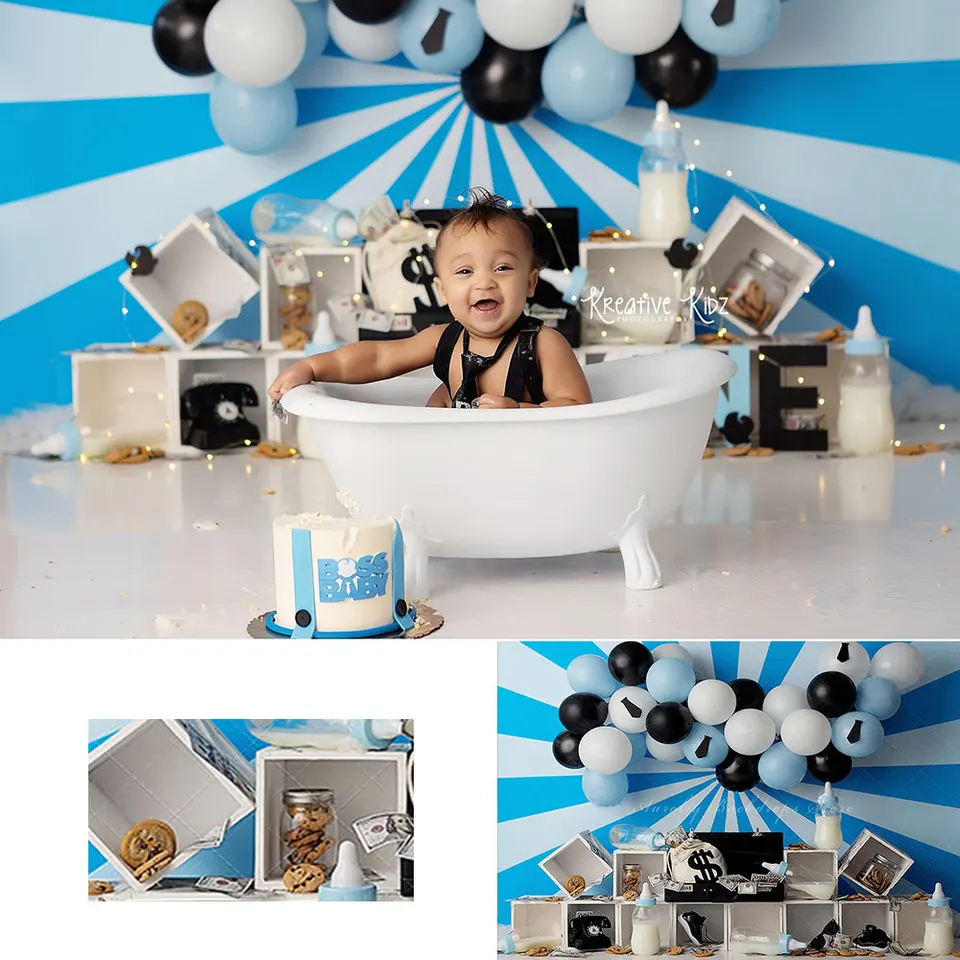 Boss Baby Shower Pozadie Kids Cake Cake Smash Photography Ress Dieťa 1. narodeniny oslava fotoshoot Studio pozadie