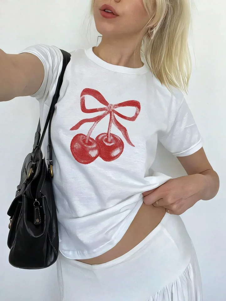Bow Cherry Print Dámske tričko Kawaii Sladké grafické grafiky s krátkym rukávom Tričko Žena Harajuku Round Crck