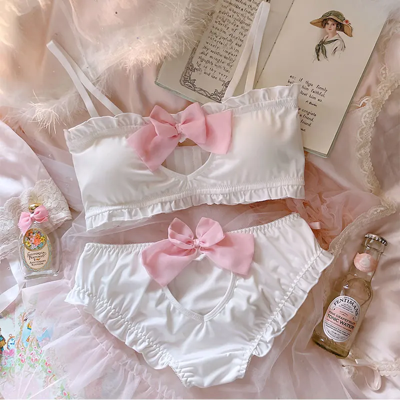 Bow Hollow Out Bra a Panty Set Kawaii Lolita Krásna podprsenka Polkovaná karikatúra Japonské dievča roztomilé sexy spodné prádlo tenké podprsenky Bralette Set