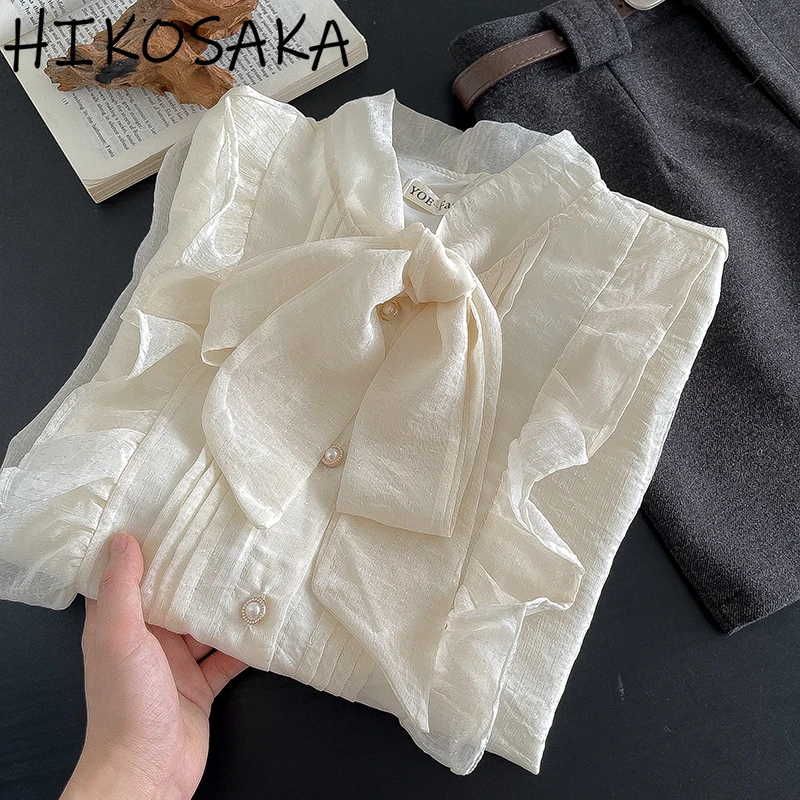 Bow Lace-up golier erupcia s dlhým rukávom blúzka rufles patchwork single breast košele kórejské elegantné elegantné solídne čerstvé víla blusa