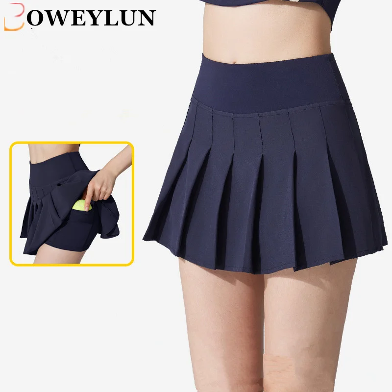 Boweylun High Pase Antibacteriálne skladanú sukňu Running Sports Fitness Yoga Half sukňa tenis bedminton golf krátka sukňa Žena