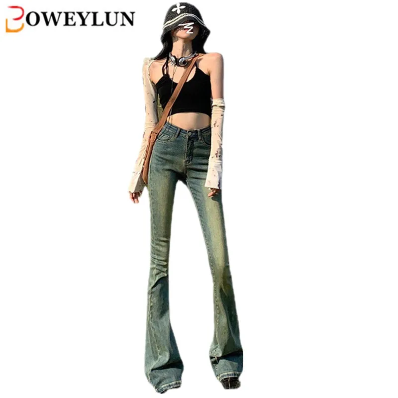 Boweylun retro nostalgia elastické bavlnené džínsy Žena jar a jeseň Nové ženy do starých vysokých pásov Slim Flare Pants Girls