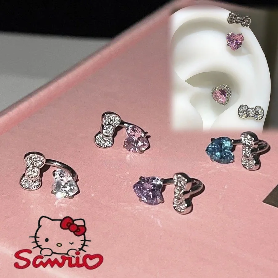 Bowknot Love Heart Hellokittys Titanium Oceľ prstencový uší kosť na nechty Móda jemné náušnice zirkón pre ženy y2k punkové šperky