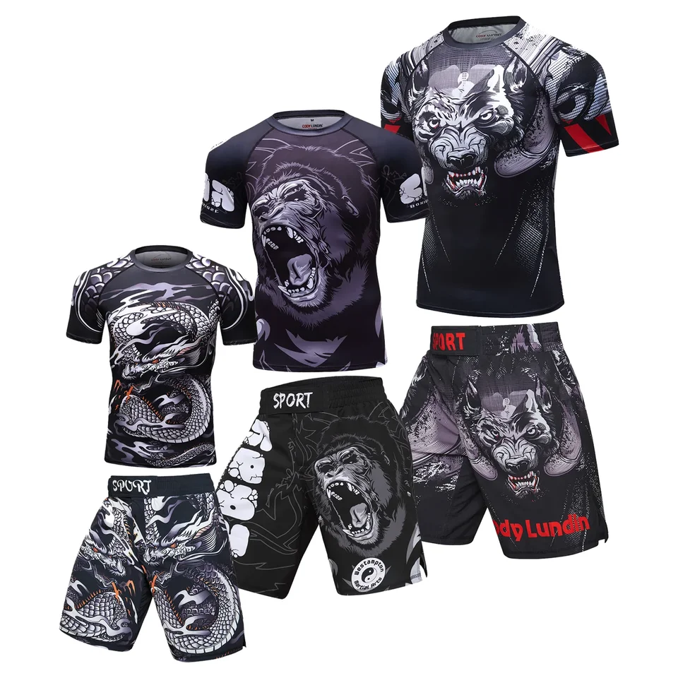 Box 2ks/set MMA Rashguard Jiu jitsu hombre tričko+šortky športové kickboxové vyrážky strážky
