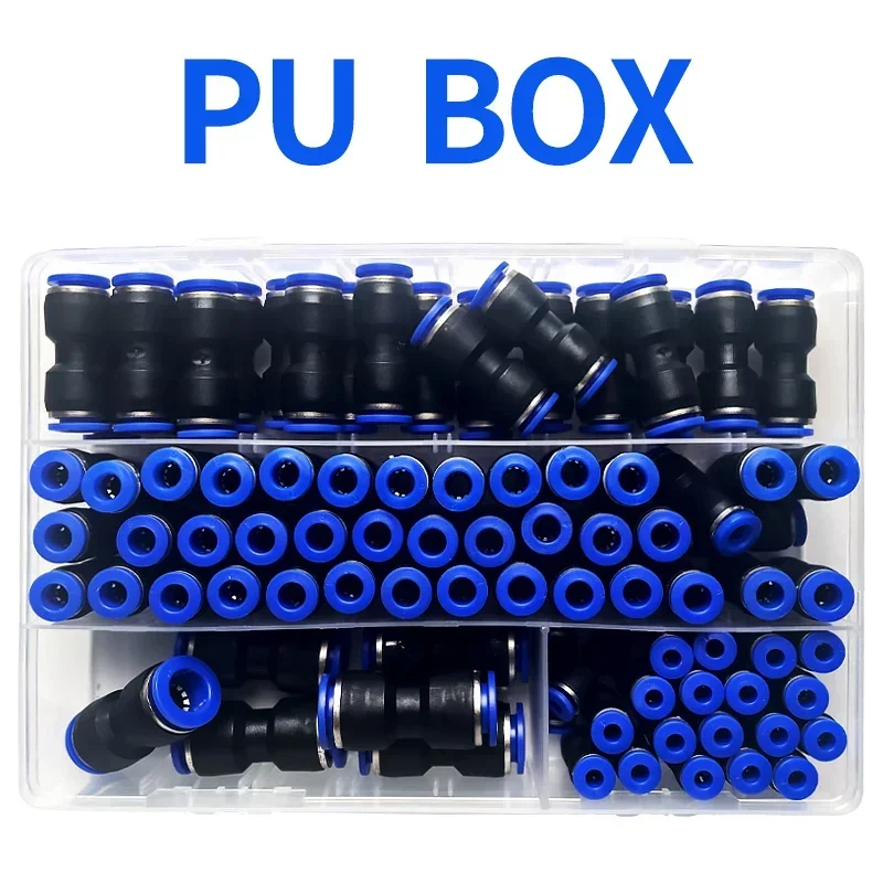 Boxed 23/60/80/100 PCS PU KIT AIR STREDNÁ PUNATATICKÉ KOMPOVEZY PU Vodné potrubia Rýchle uvoľnenie konektor PU4 PU8 PU14 4/6/8/10 mm