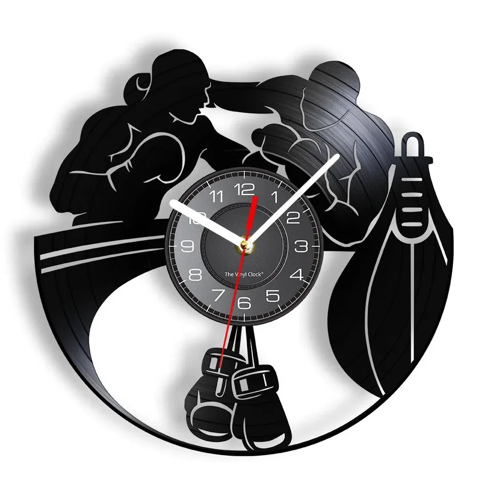 Boxing Domov Decor Wall Clock Boxing Rukavice Dierovanie vrecka Inghters Vinyl Record Wall Hodiny Bojové športové boxery Scrappers Darček