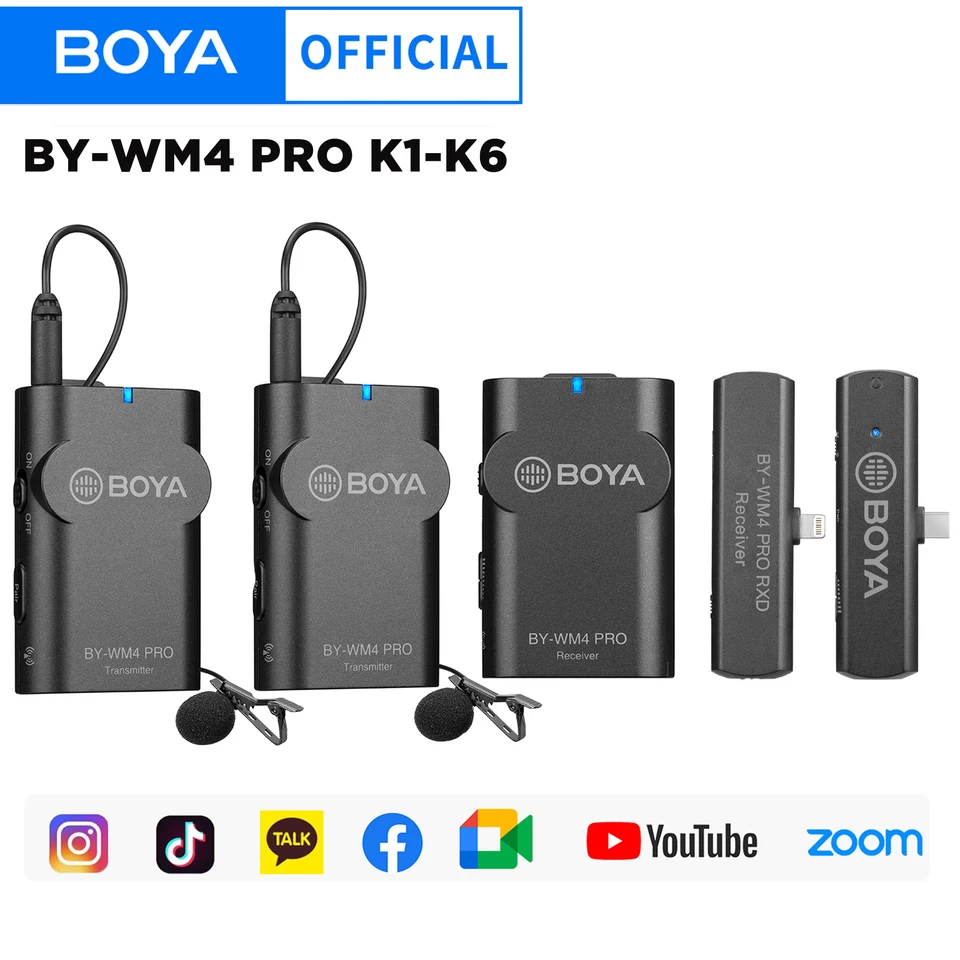 Boya By-WM4 Pro 2.4 GHz Wireless Lavalier Lavel Microfone System pre iPhone Huawei Android Camera PC Rozhovory Live Streaming