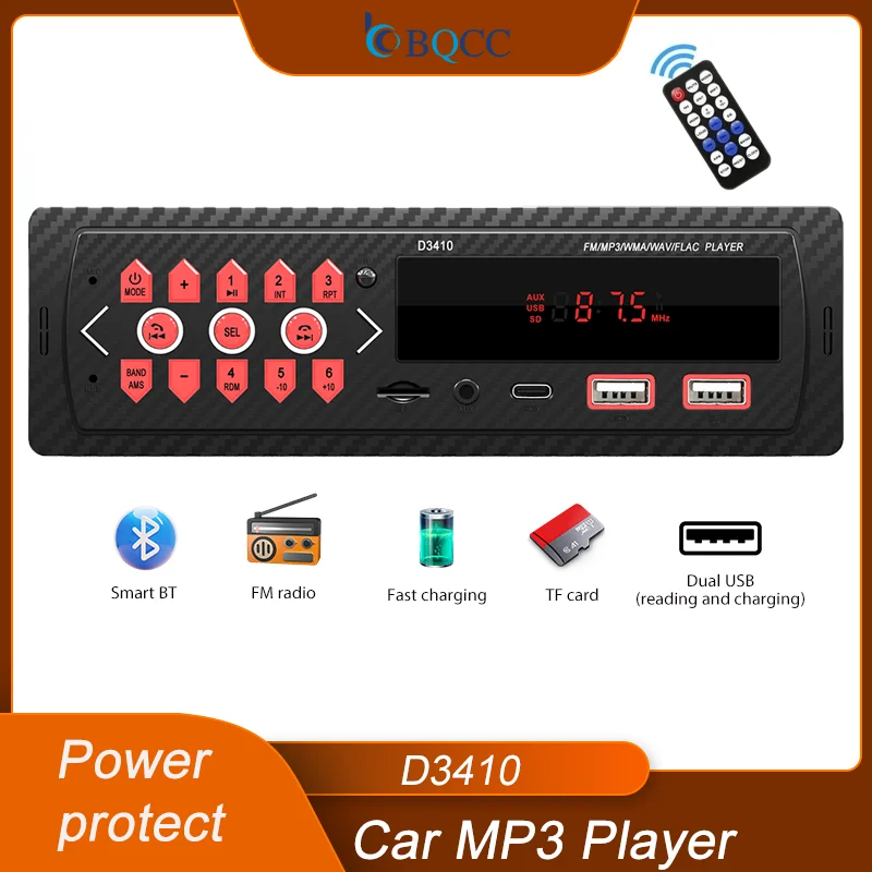 BQCC 1DIN MP3 Autoradio FM USB TF AUX Vstupné stereo rádio Bluetooth Power Protect