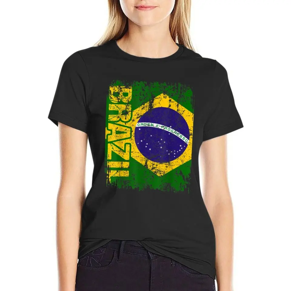 Brazília Brasil Flag Vintage viedla brazílske tričko Tričko Roztomilé oblečenie rýchle sušenie pre ženy
