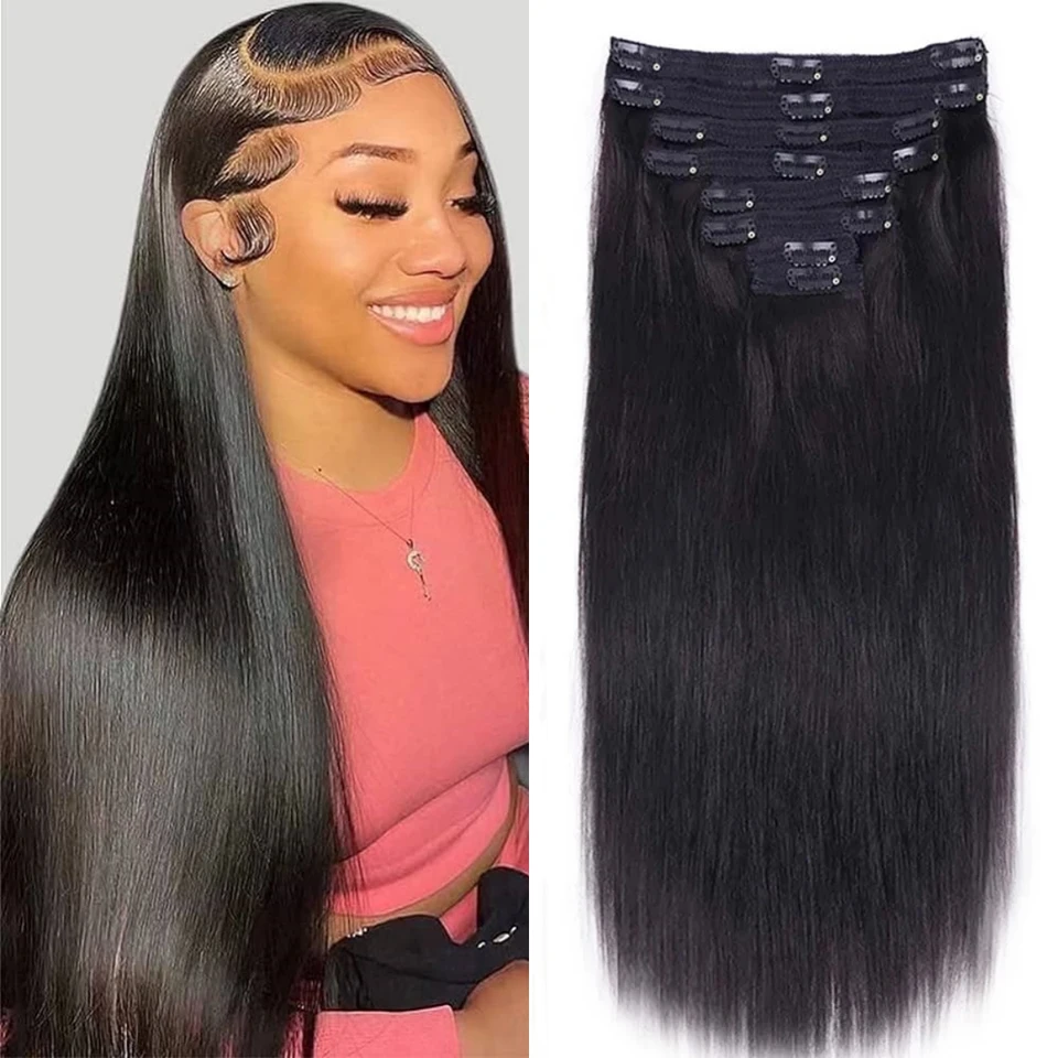 Brazílsky priamy klip v predĺžení vlasov 120 g/Set Human Hair Full Hlava Clip Hair Extension Prírodná čierna farba #1B pre ženy