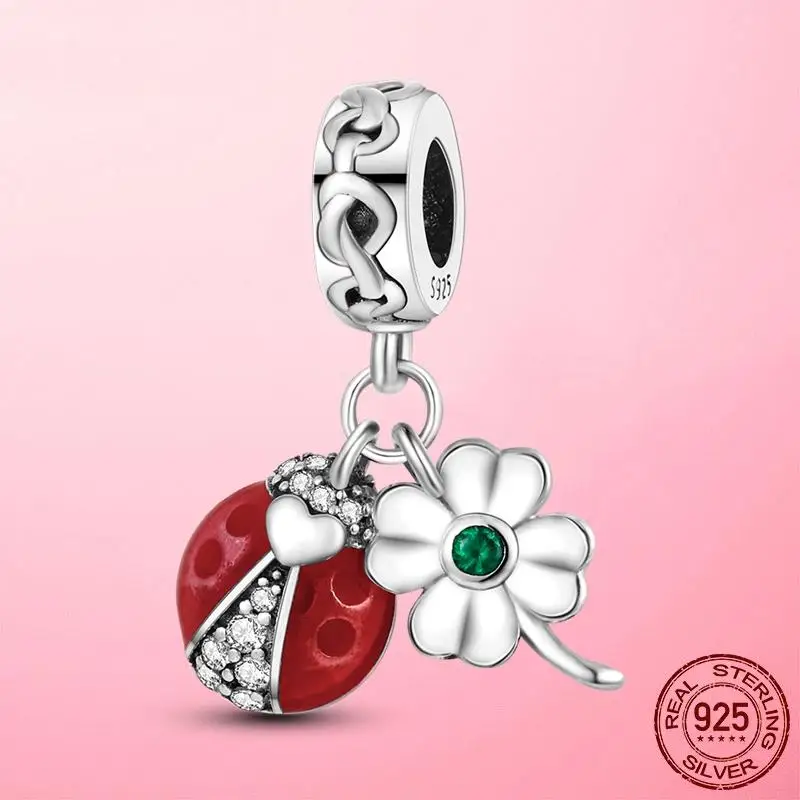 Breloque Charms Plata de Ley 925 Silver Ladybug Lucky Clover Clover Flower Horseshoe Dangle Charm Parls Fit Pandora náramok