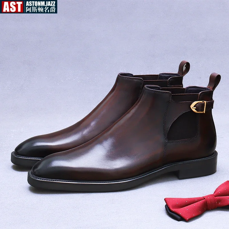 Britský štýl Chelsea Boots Men Ankel Boots Fashion Buckle Retro Business Dress topánky mravca bota maskulina plus veľkosť 37-46