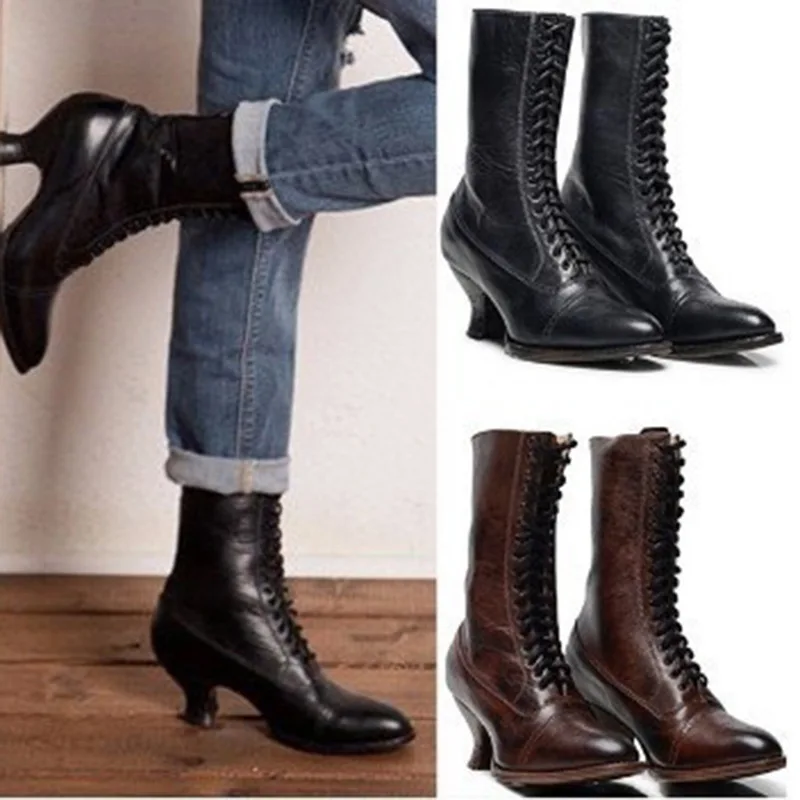 Britský štýl punk ušľachtilé ženy Stredoveké gotické retro rytierske topánky PU kožené členky Mid-Calf topánky Lady Cosplay High podpätky