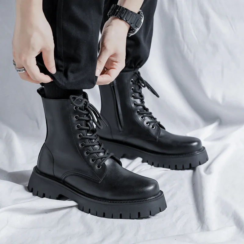 Britský štýl pánske módne topánky Black Tide Natural Leather Shoes Cowboy Platforma BOTHOLE HODNOTNÝ BOST