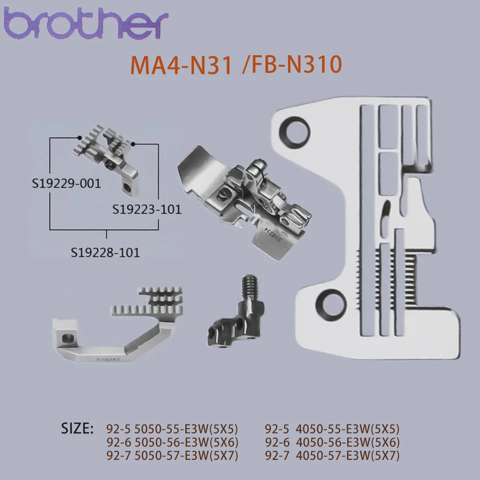 Brother FB-N310 Šijací strojový stroj sada MA4 ihlová doska S19185, Feed Dog S19247 S19228, Foot S19334, ihlová svorka S21104