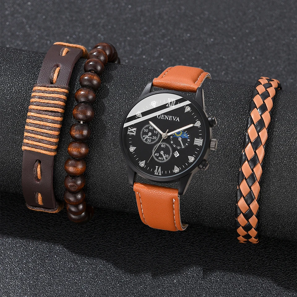 Brown 4ks/Set Men Sledujte módne luxusné tri očné prvky vytáčanie Quartz hodinky kožené remienky hodinky šperky set pre neho darček