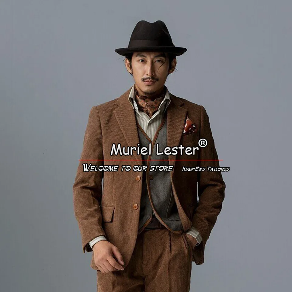 Brown Corduroy vyhovuje mužom s dvojitým dojčeným blazer nohavicami 2 kusy formálne obchodné kancelárie šaty svadobné smokingy ropa de hombre lujo