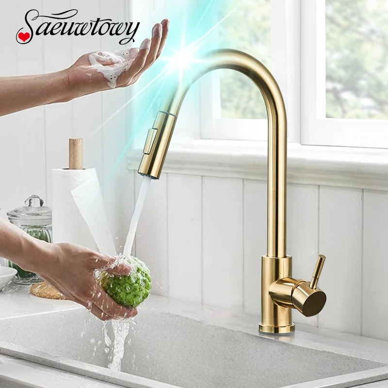 Brushed Gold Touch Kuchynský kohútik vytiahnite senzor dotyk kuchynský kohútik s dvojitým vodným režimom Mixér faucet batériu napájanie