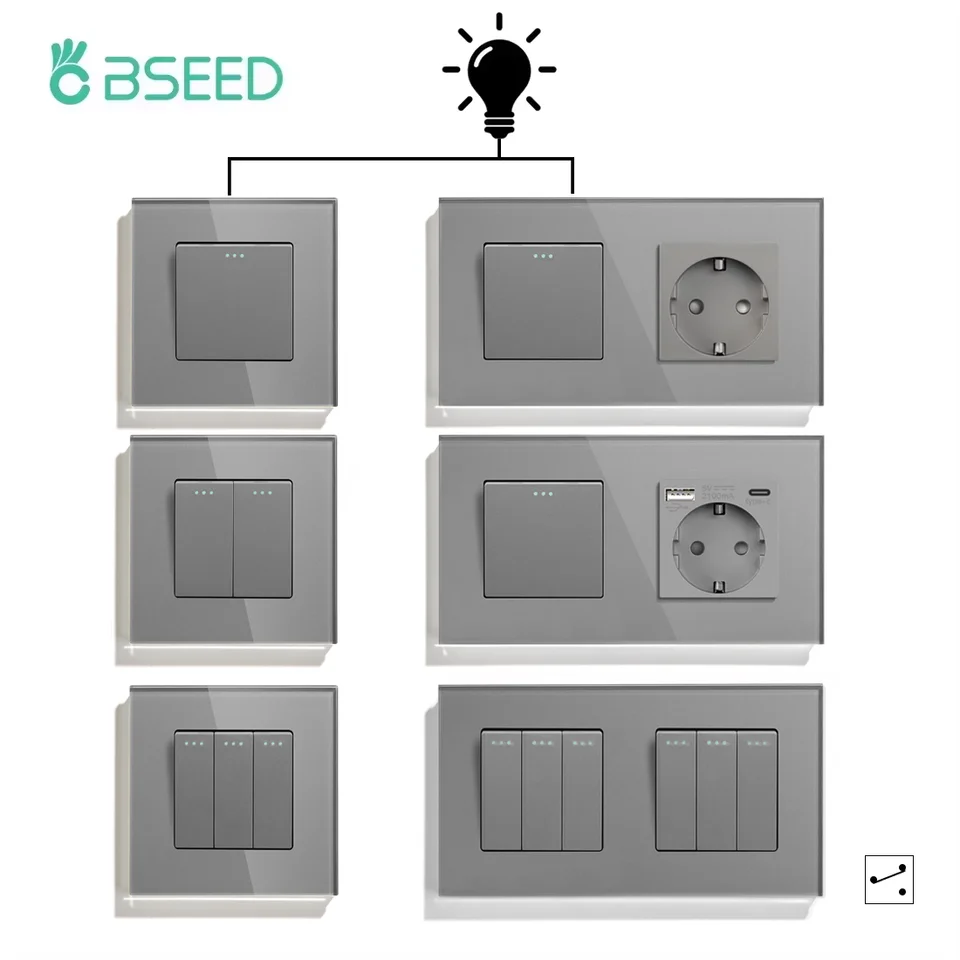 BSEED 1/2/3GANG WELNY Spínačov mechanický spínač gombíka plus zásuvky USB TYP-C USB