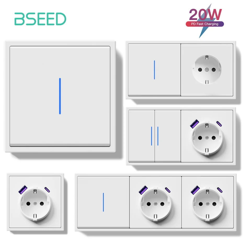 BSEED 1/2GANG Mechanical Button Spínač 1way EÚ Power Sockets USB TYP-C AC SLEDOVANIE Rýchle nabíjanie s LED svetlami plastovými