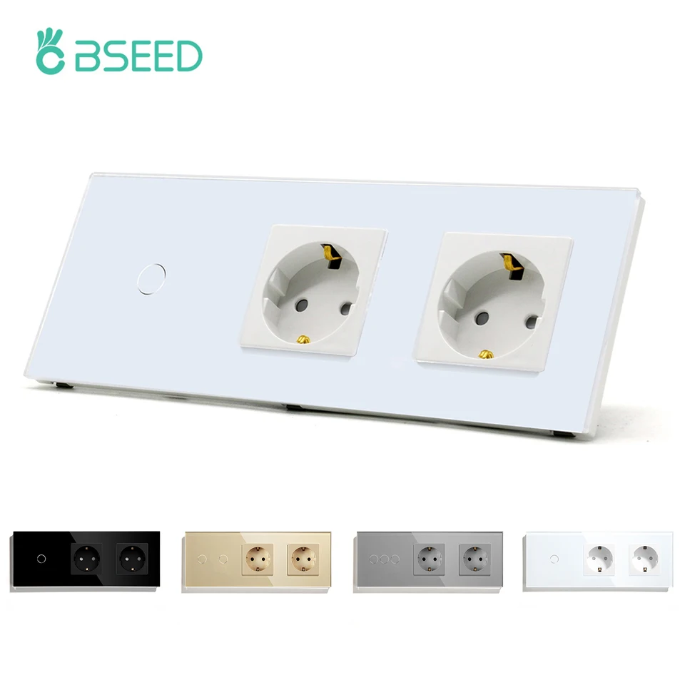 BSEED EU Standard 1/2/3Gang 1way Touch Switch s dvojitými zásuvkami na stenu EU Čierne biele zlaté sklo stena LED svetlo napájací spínač