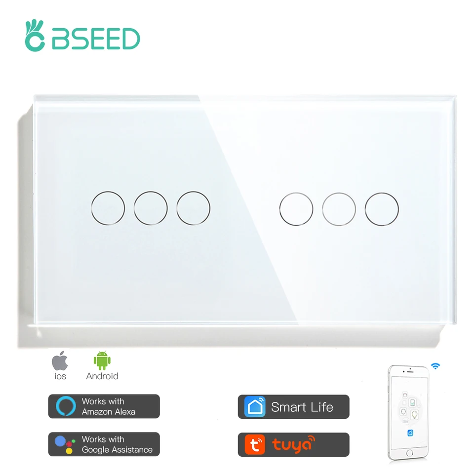 BSEED EU WIFI SMART TOUT TOUT prepínač 2/4/6GANG 2WAY SVETLY Pracujte s prepínačom Crystal Panel Tuya Smart Life Alexa Crystal Panel