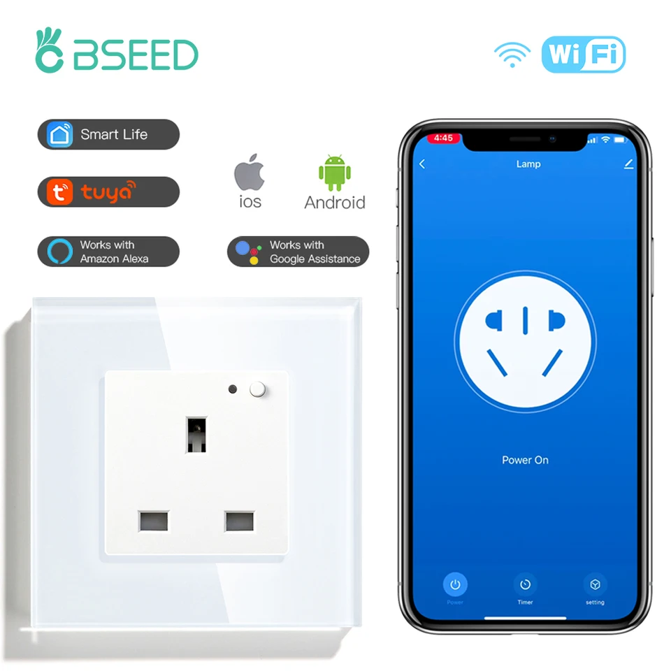 BSEED UK Štandardná nástenná zásuvka WiFi inteligentná aplikácia Control Google Alexa Smart Socket Single Intelligent Socket 13a Glass Panel