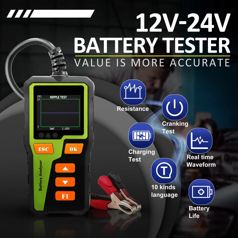 BT-30 podporuje 10 jazykov tester testera batérie testera automobilovej batérie ABS Digital CAR Analyzátor pre väčšinu batérií pre väčšinu batérií