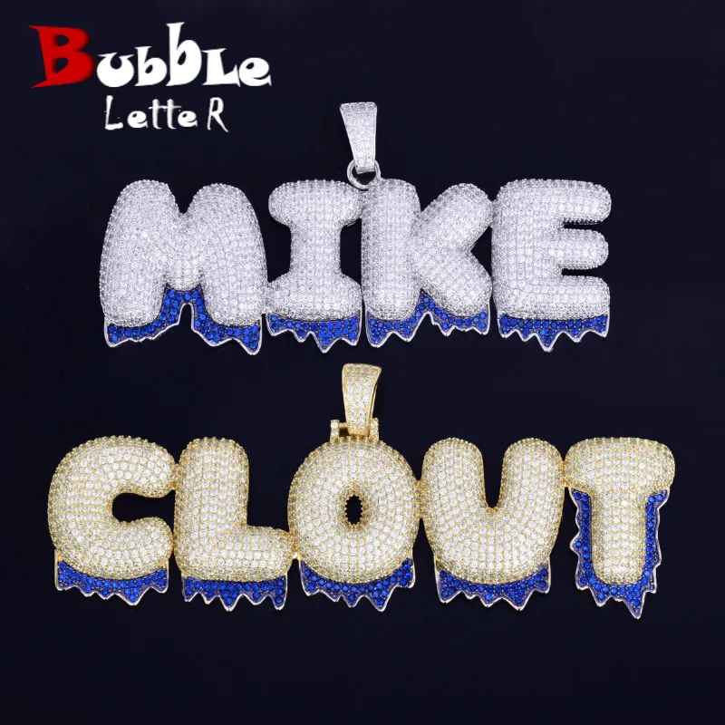 Bublinový list Vlastný názov náhrdelník pre mužov Blue Drippy Personalizované prívesky Skutočné medené zirkónové hip hopové šperky ľadové kúzla