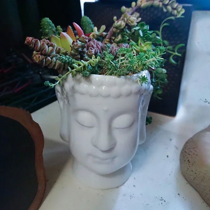 Buddha hlava kvetináč zen biely keramický kvetináč pre sukulenty rastliny Buddha tvár socha Fengshui figuríny Domáca záhrada Výzdoba