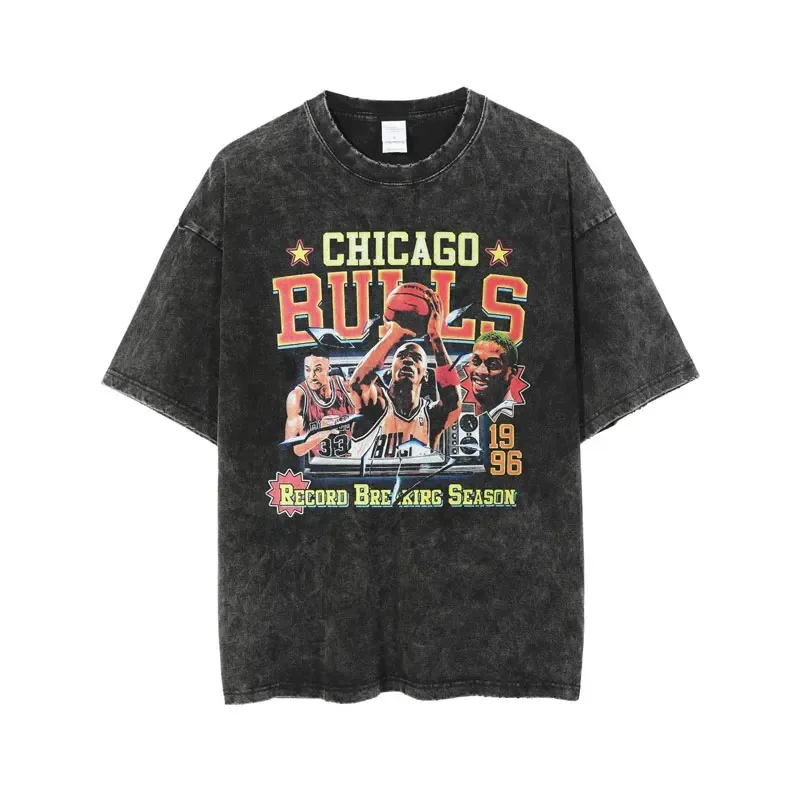 Bulls tlačené tričká Streetwear Vintage Wased Chicago Basketball Star T tričko Casy Fashion Hip Hop Tops Tees Men 100%bavlna