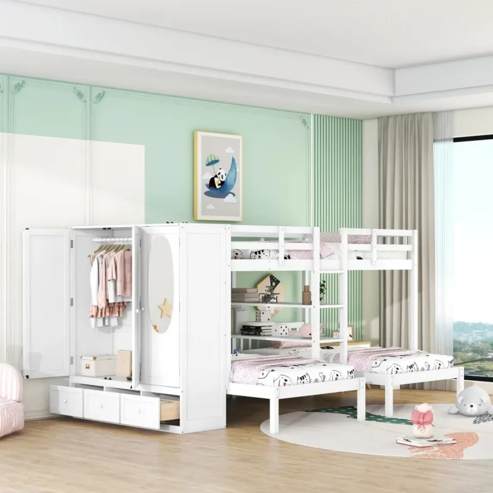 Bunk Bed, Full-Over-Twin-Twin Bunk Bed, multifunkčná posteľ s policami, šatníkom a zrkadlom, detská spálňa, žiadna pružina