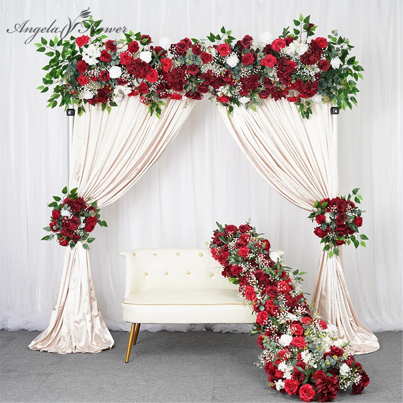 Burgundry Rose White Baby Breath Greenery Svadobný oblúk, červené kvetinové aranžmán, bežec stolov, dekorácia závesu, kvetinová párty prop