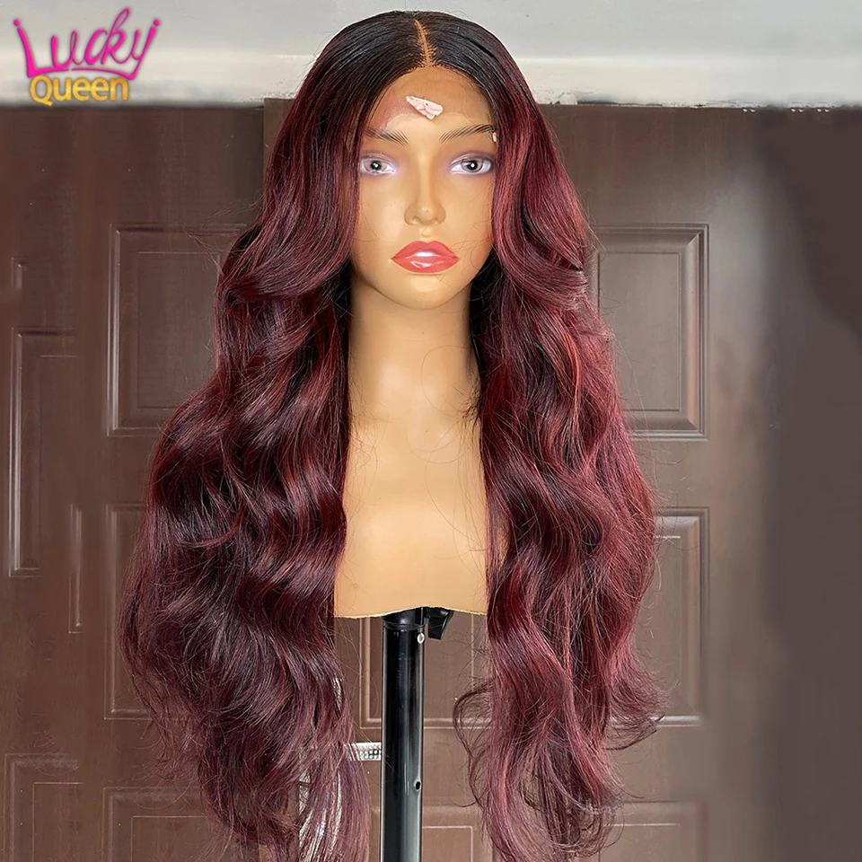 Burgundska čipka predné parochne ľudské vlasy 13x4 Dark Root Burgundsko Body Wave Parochne ľudské vlasy pre ženy 180%