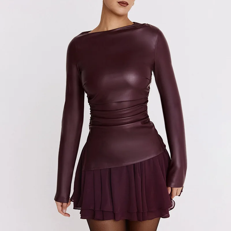 Burgundské kožené vrcholy pre ženy jar 2025 tričká s dlhým rukávom Streetwear Chic Vintage Socialit Business