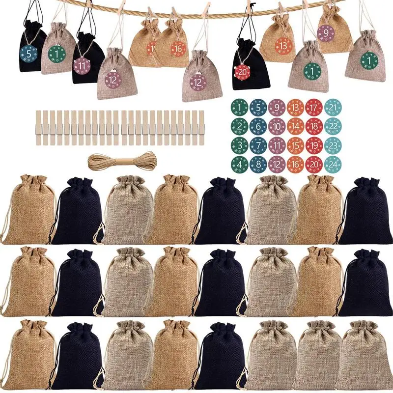 Burlap Advent Calendar Tašky 24 dní vianočné adventné darčekové tašky DIY Vianoce odpočítavanie kalendár vianočné ozdoby pre domov