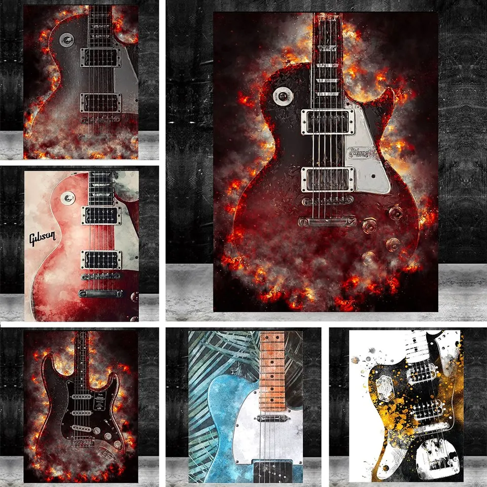 Burning Guitar Canvas Art Tlač abstraktných hudobných nástrojov graffiti plagát pre dekoráciu nástenných kúskov v obývacej izbe