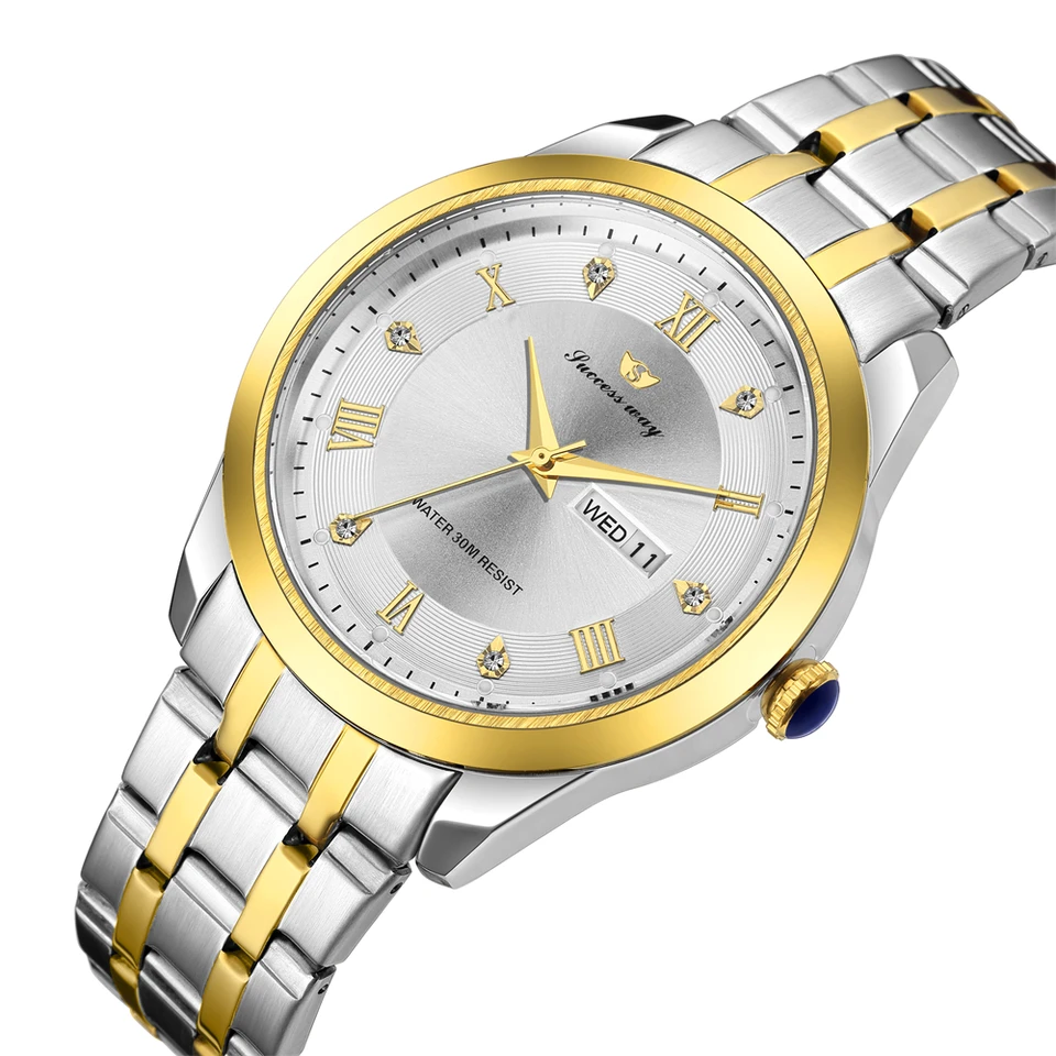 Business Quartz Watch Pánske jednoduché diamantové zrkadlo nepremokavé nočné svetlo Duálny kalendár Módny darčekový darček