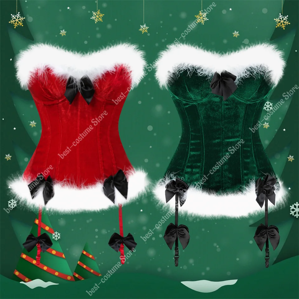 Bustier Top korzet s perím bielym nadmerným korzetom Top vianočný kostým Santa Cosplay Red Green Bodices and Corsets
