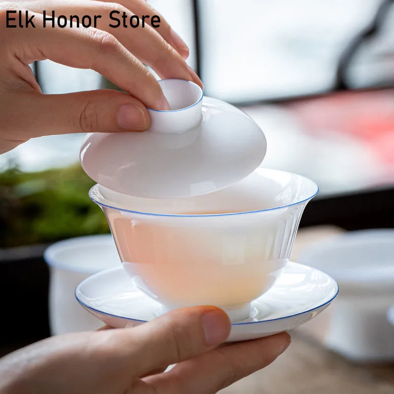 Butik sladko biely porcelánový čaj Tureen pokrytý misa čajový šálka Single Non Hot Tea Set Tea Maker Ceramic Gaiwan Kung Fu Teaware