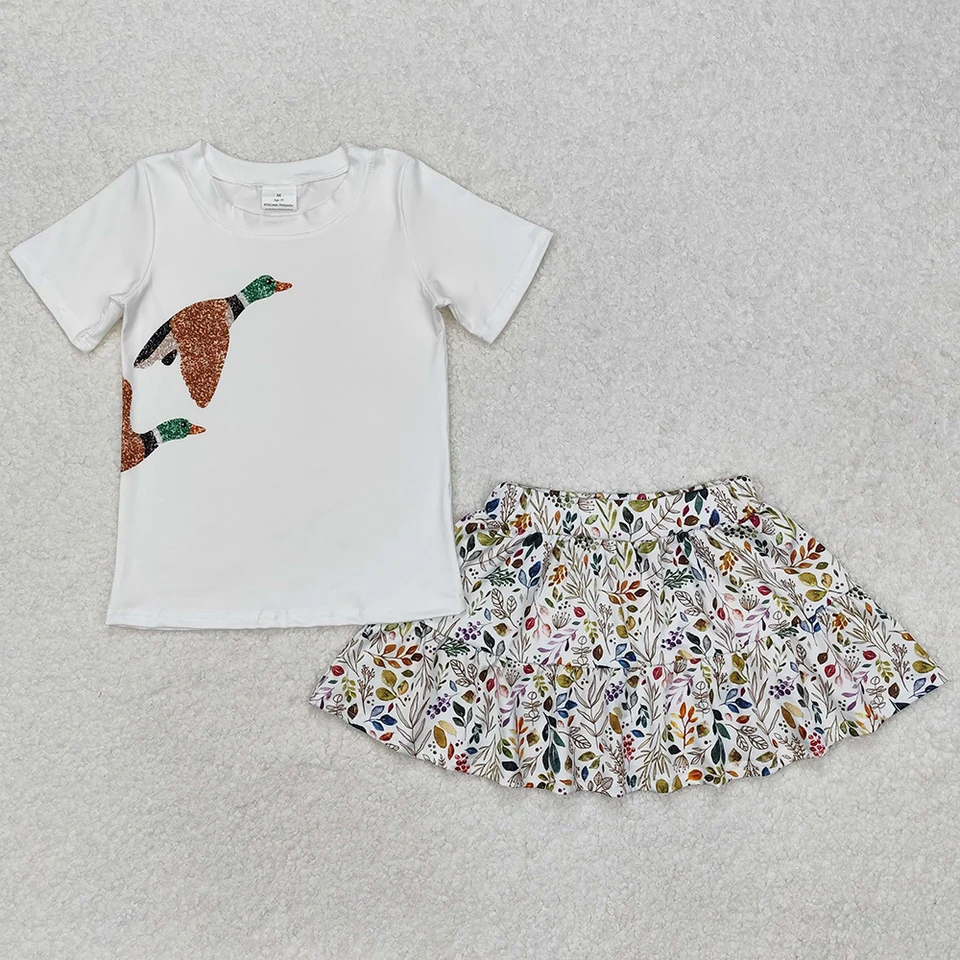 Butique Dievčatá oblečenie Mallard kačica s krátkym rukávom Kvetinová sukňa Sety módne detské oblečenie dievčenské sukne