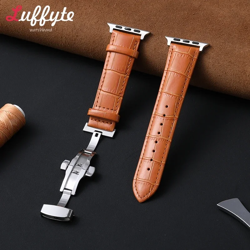 Butterfly Buckle Kožená remienok pre Apple Watch Band 38/40/41/42/46/49/44/45 mm hodinky pre IWATTH 10 9 8 7 6 5 4 SE Ultra 2