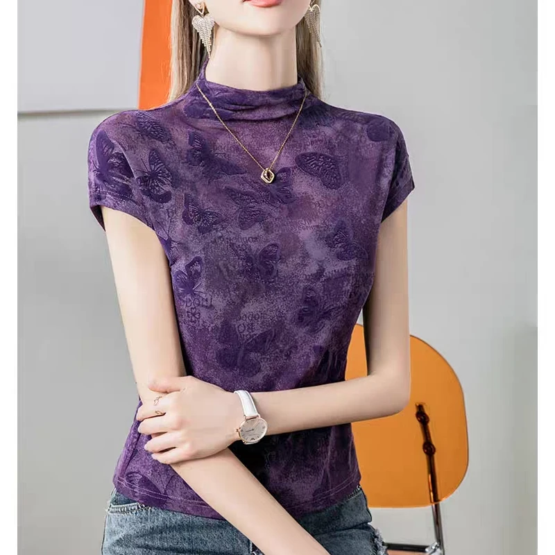 Butterfly tlač letné vrcholy Ženy s krátkym rukávom korytnaté krk high -end oblečenie sexy priehľadné luxusné fialové fialové blúzky tričká